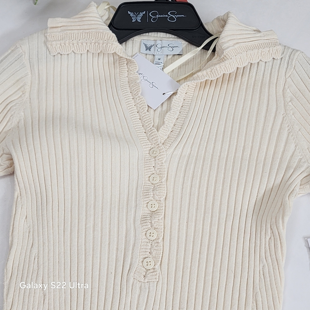 Cream Ribbed Button-Front Long Sleeve Top - Picture 2 of 7